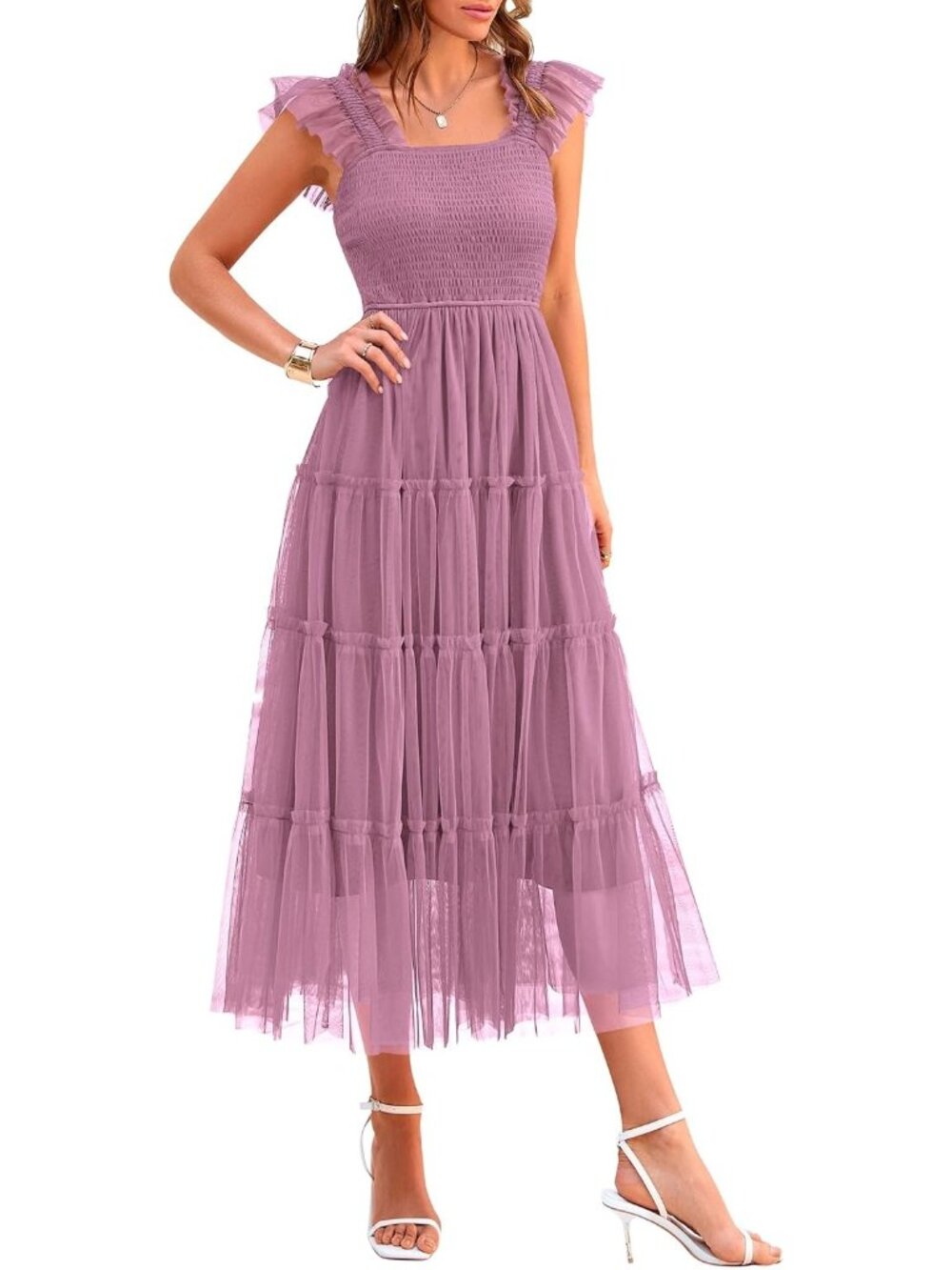 Women's Summer Midi Tulle Dress Smocked Square Neck Grey Purple Ruffle Sundress